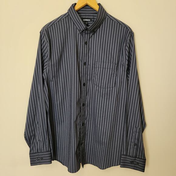 Express Men's L Button Down Shirt Long Sleeve 2 Button Cuff Pocket Black Stripe - Picture 1 of 13